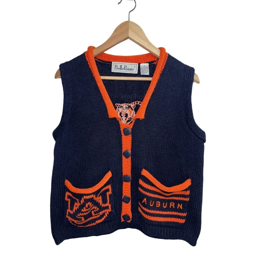 VTG Bellepointe Women's S Auburn Tigers Knit Sweater Vest Navy Blue Orange 90s‎